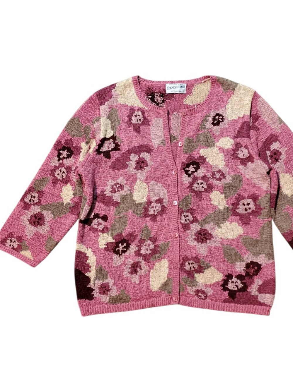 Vintage Pendleton Pink Floral Knit Button Front Grandma core Caridgan - Large